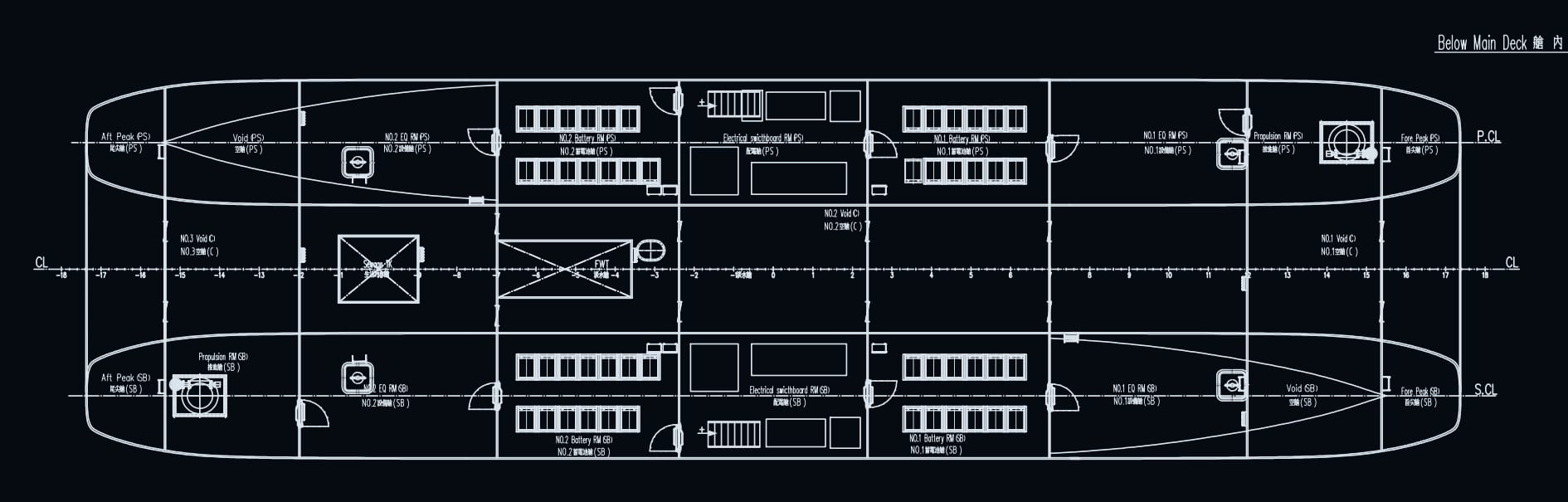 OBLUE SEASIGHT 35 general arrangement — below main deck machinery and battery rooms