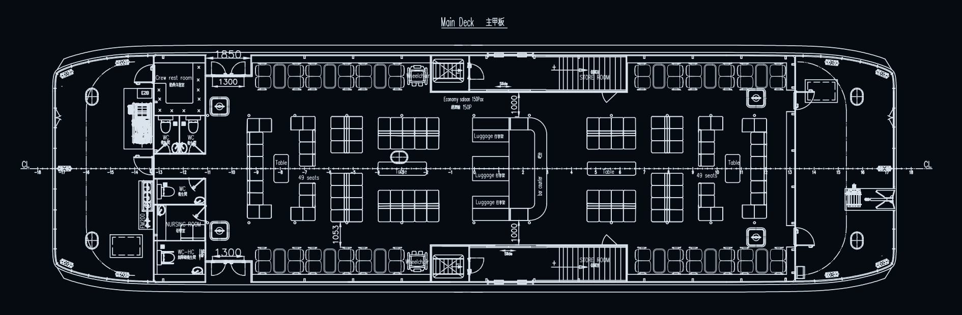 OBLUE SEASIGHT 35 general arrangement — main deck 150-seat saloon