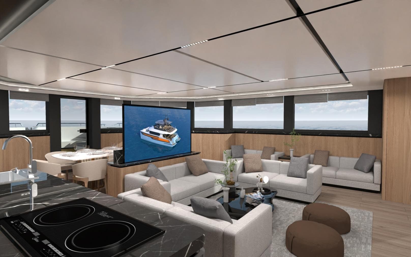 Interior option 1 — light oak salon with retractable cinema screen