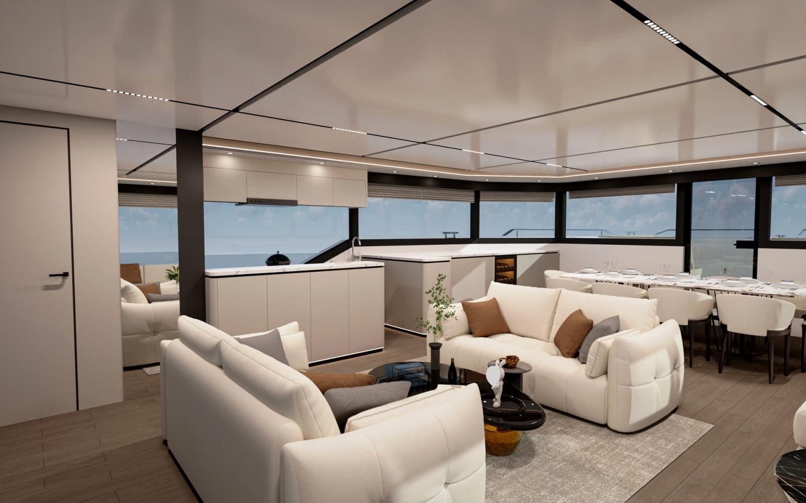 Interior option 2 — contemporary white salon with open galley