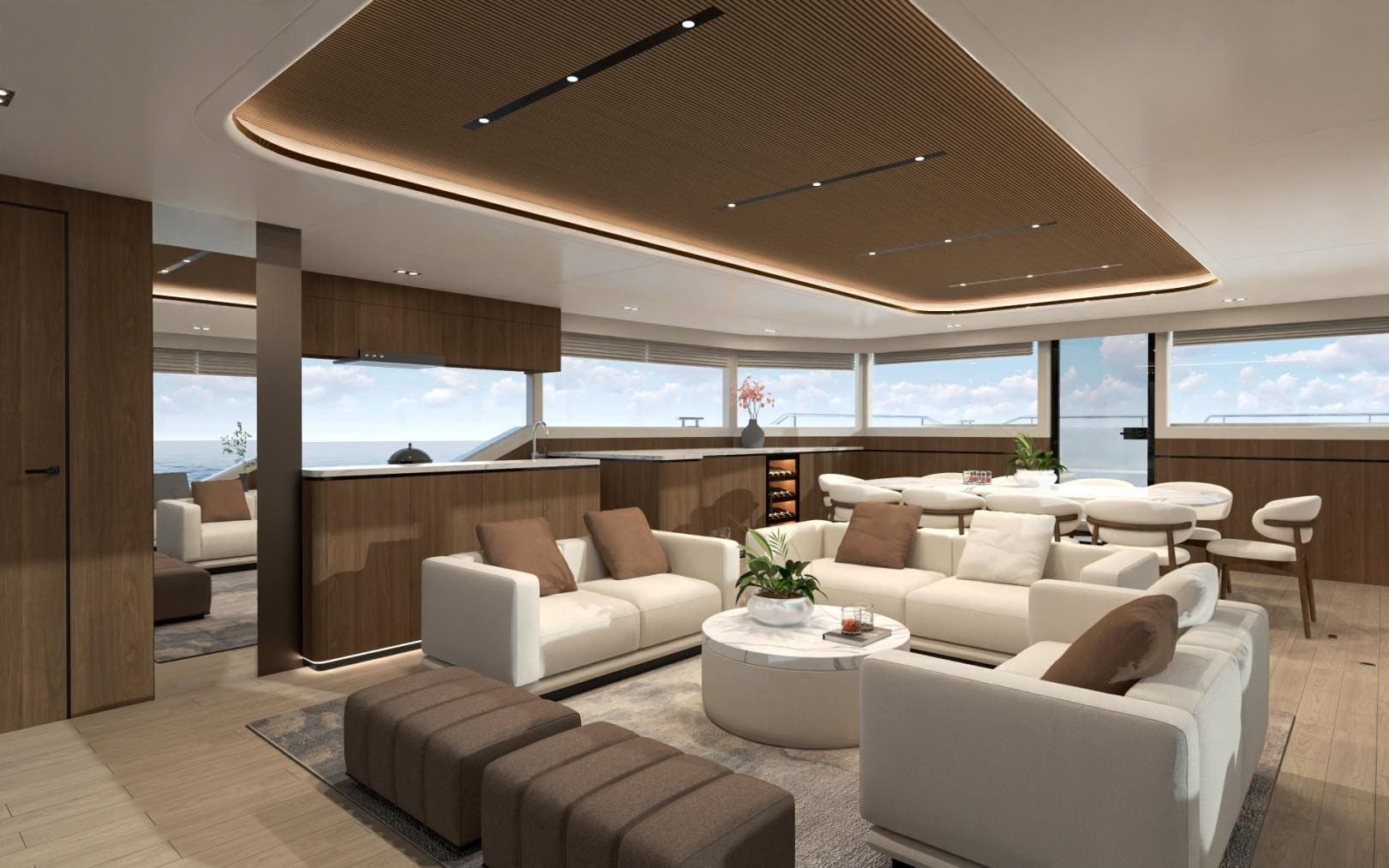 Interior option 3 — walnut salon with sculpted ceiling