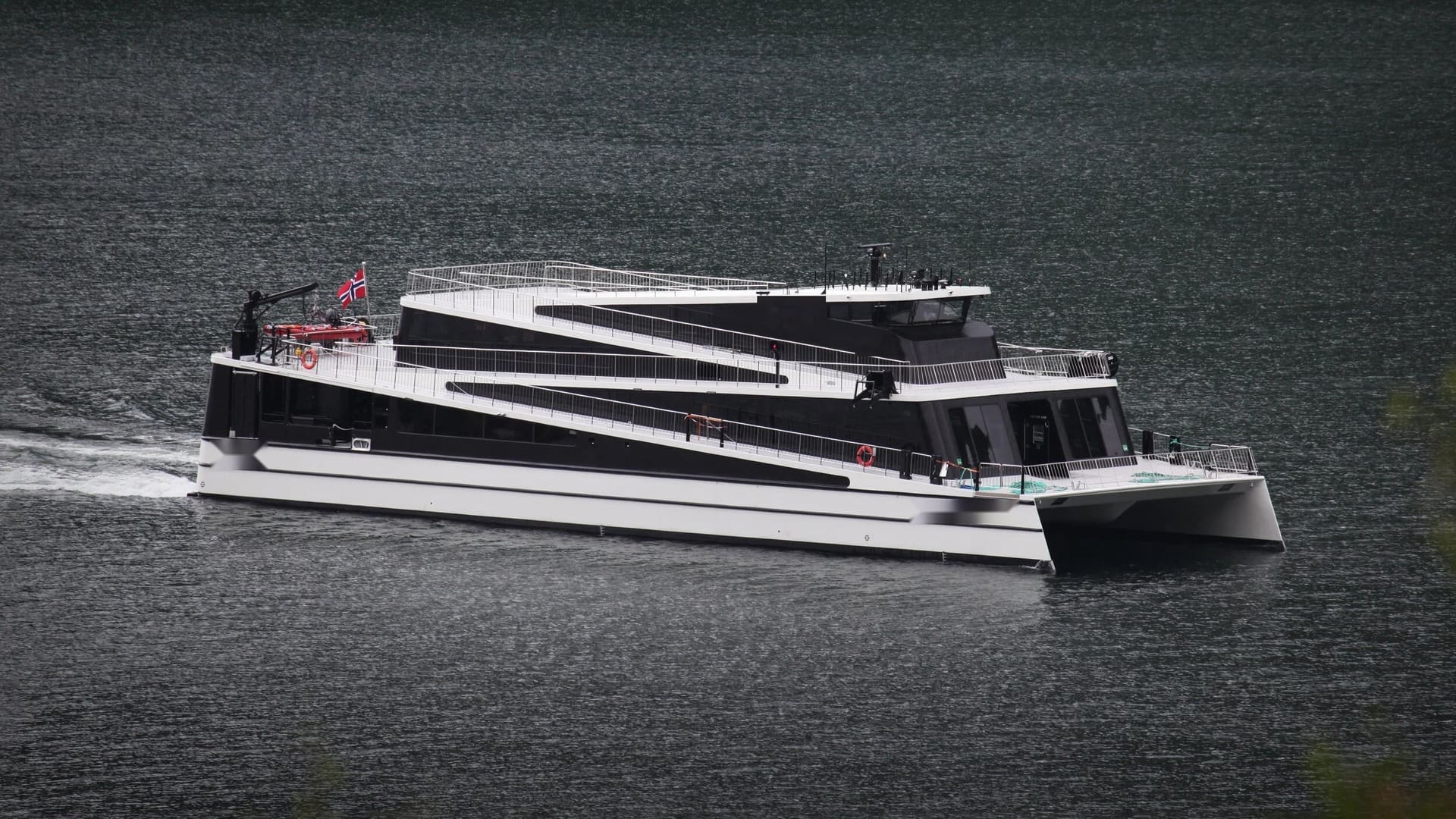 OBLUE SEASIGHT 42 all-electric sightseeing catamaran at a Norwegian fjord quay
