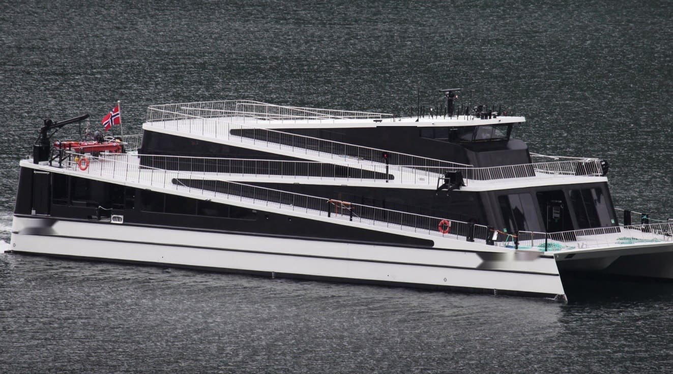 OBLUE SEASIGHT 42 broadside profile — cascading walk-around decks on a carbon catamaran hull