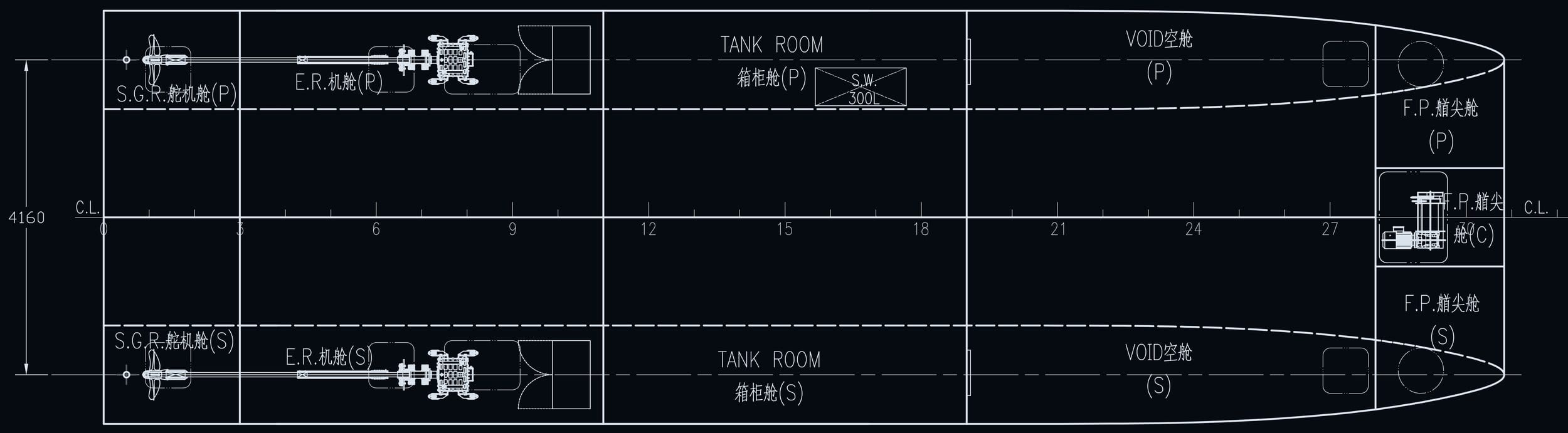 SHUTTLE 18E general arrangement — below deck plan of both demi-hulls with engine rooms and tank rooms
