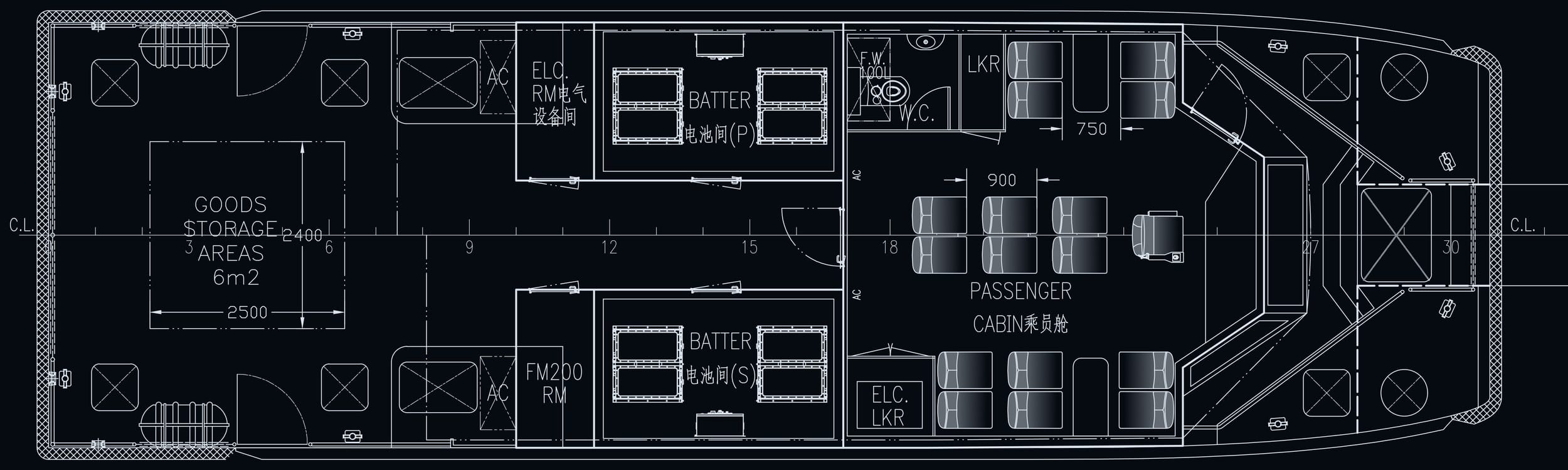 SHUTTLE 18E general arrangement — main deck plan with passenger cabin, battery rooms and goods storage