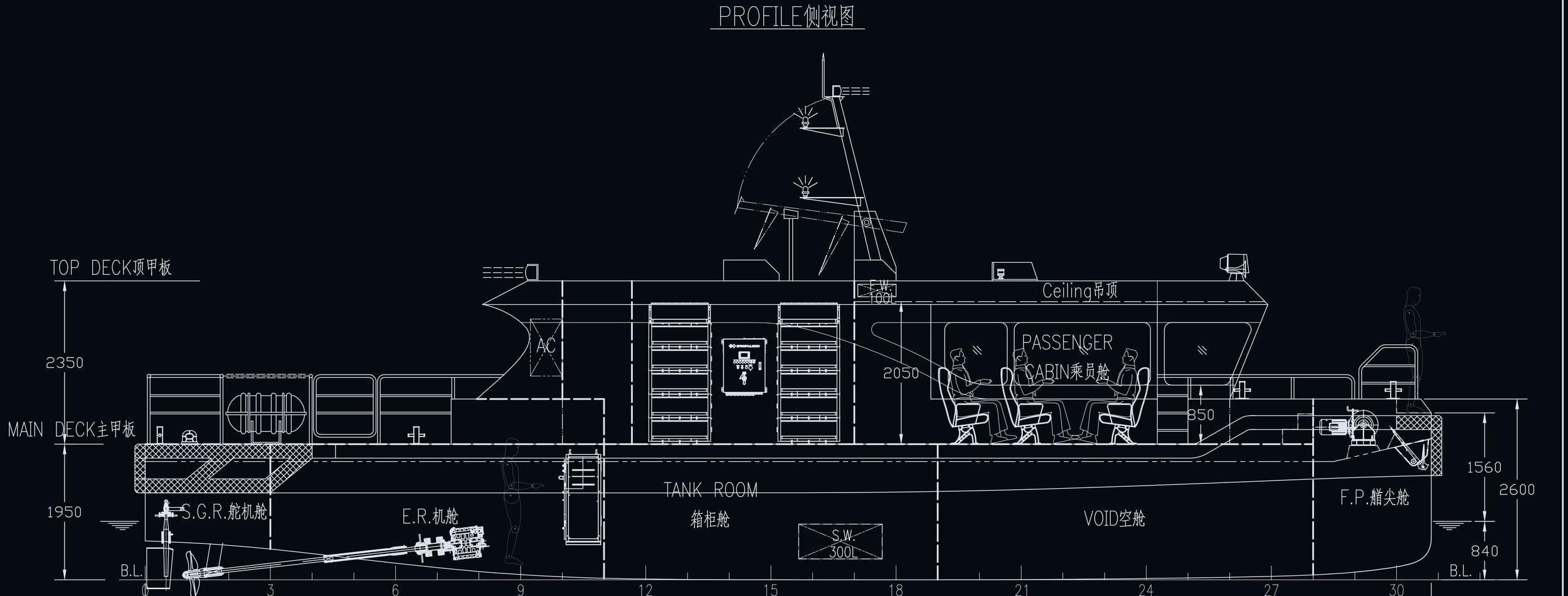 SHUTTLE 18E general arrangement — side profile with cabin and machinery layout
