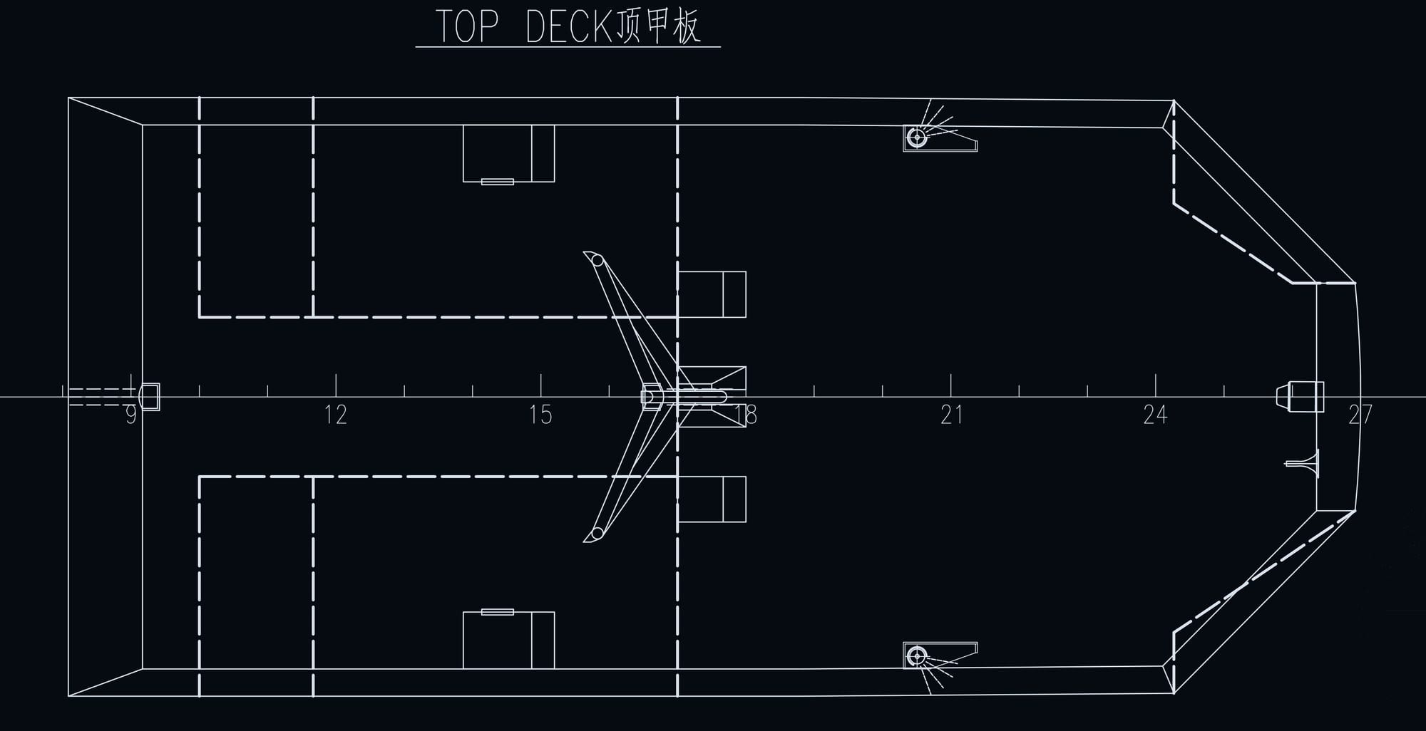 SHUTTLE 18E general arrangement — open top deck with mast and antennas