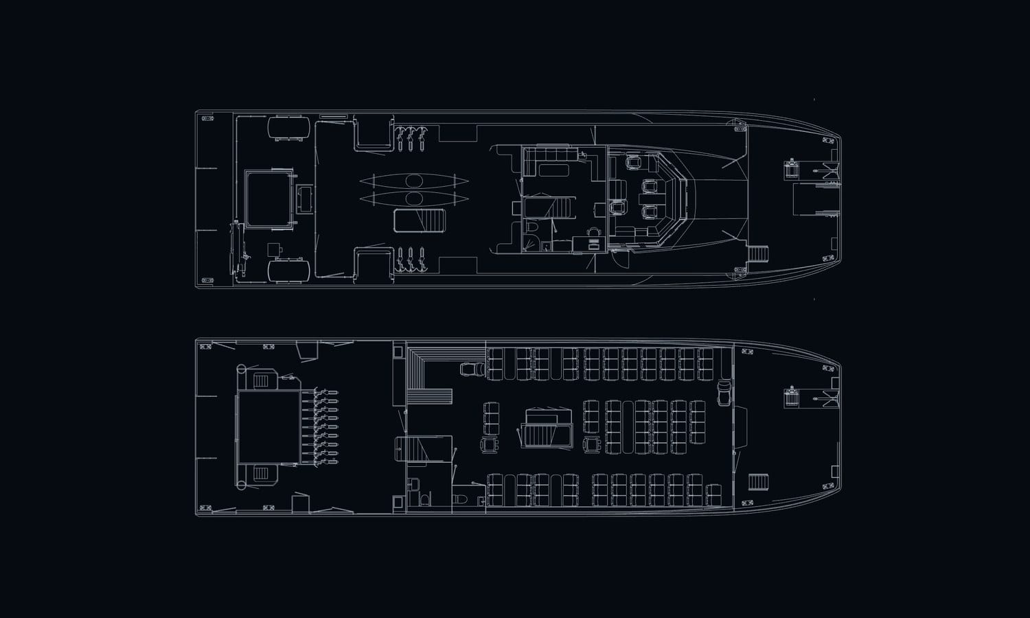 OBLUE FERRY 30 deck plans — main-deck saloon and upper deck with wheelhouse